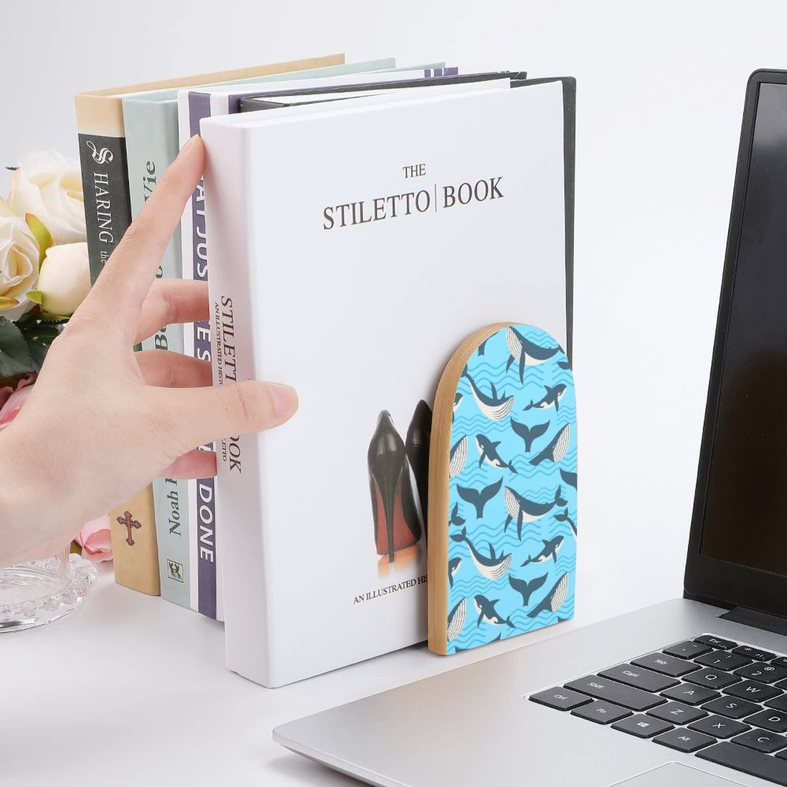 Amazon | 海の波のクジラ 木製ブックスタンド滑り止めブックエンド